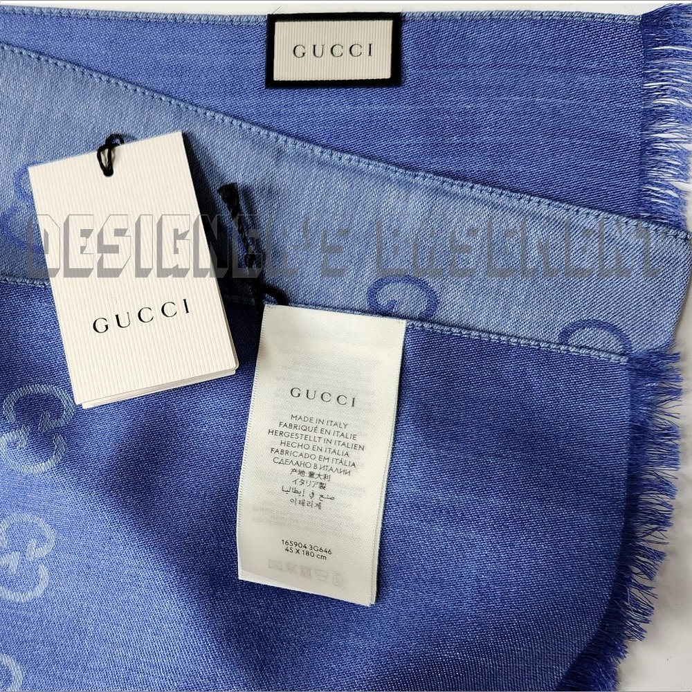 GUCCI Blue & Periwinkle GGNAT wool & silk 18"x70" shawl Pashmina scarf NWT - Picture 5 of 10